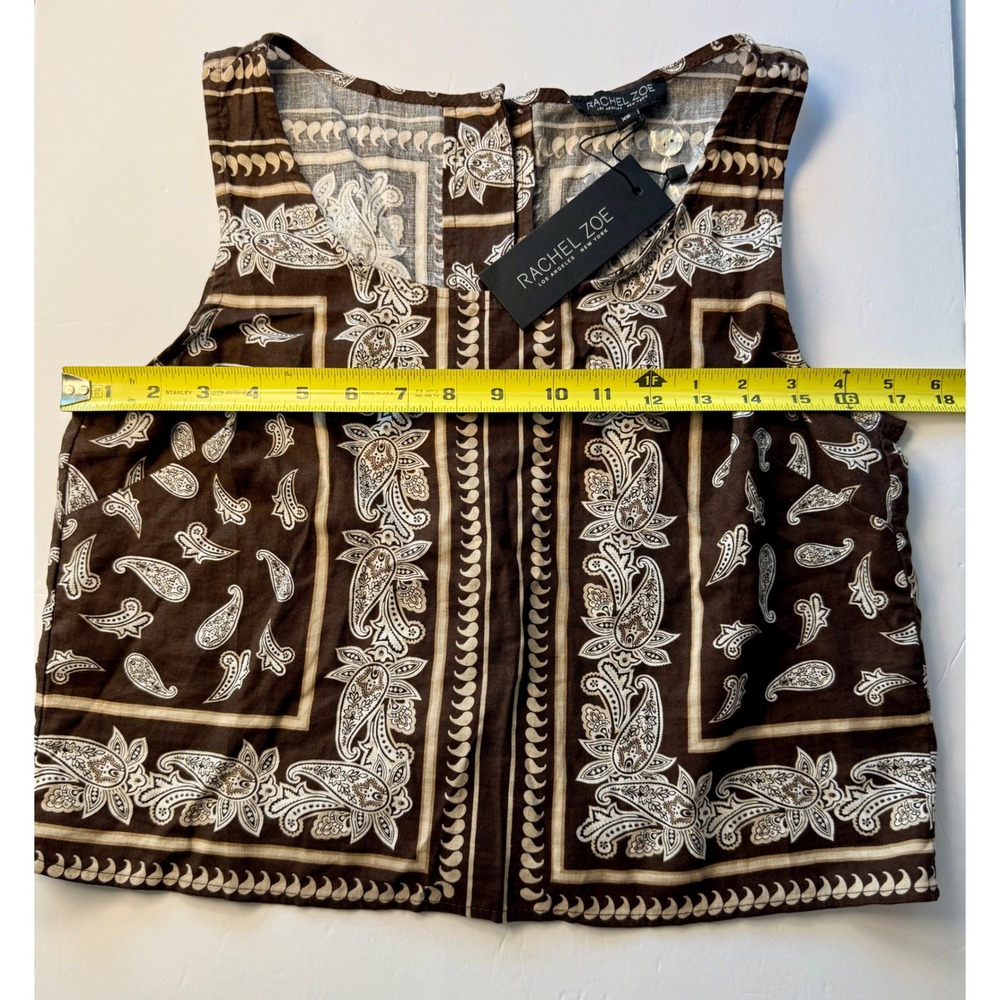 Rachel Zoe Paisley Print Linen Blend Crop Top Brown Sleeveless Button Back XS